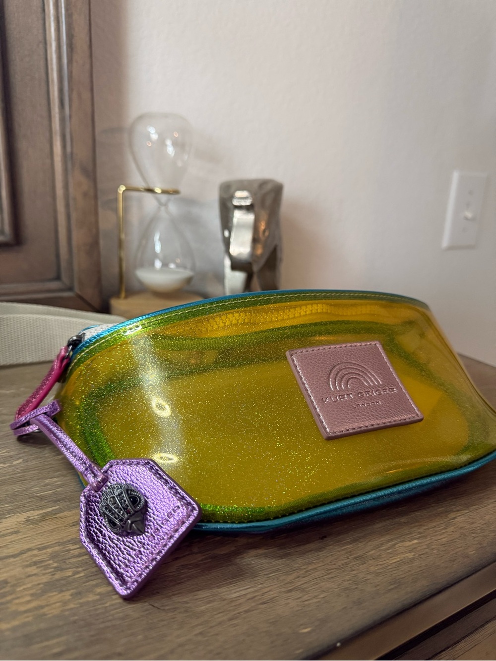 Kurt Geiger Iridescent Yellow Cosmetic Pouch with Pink Patch